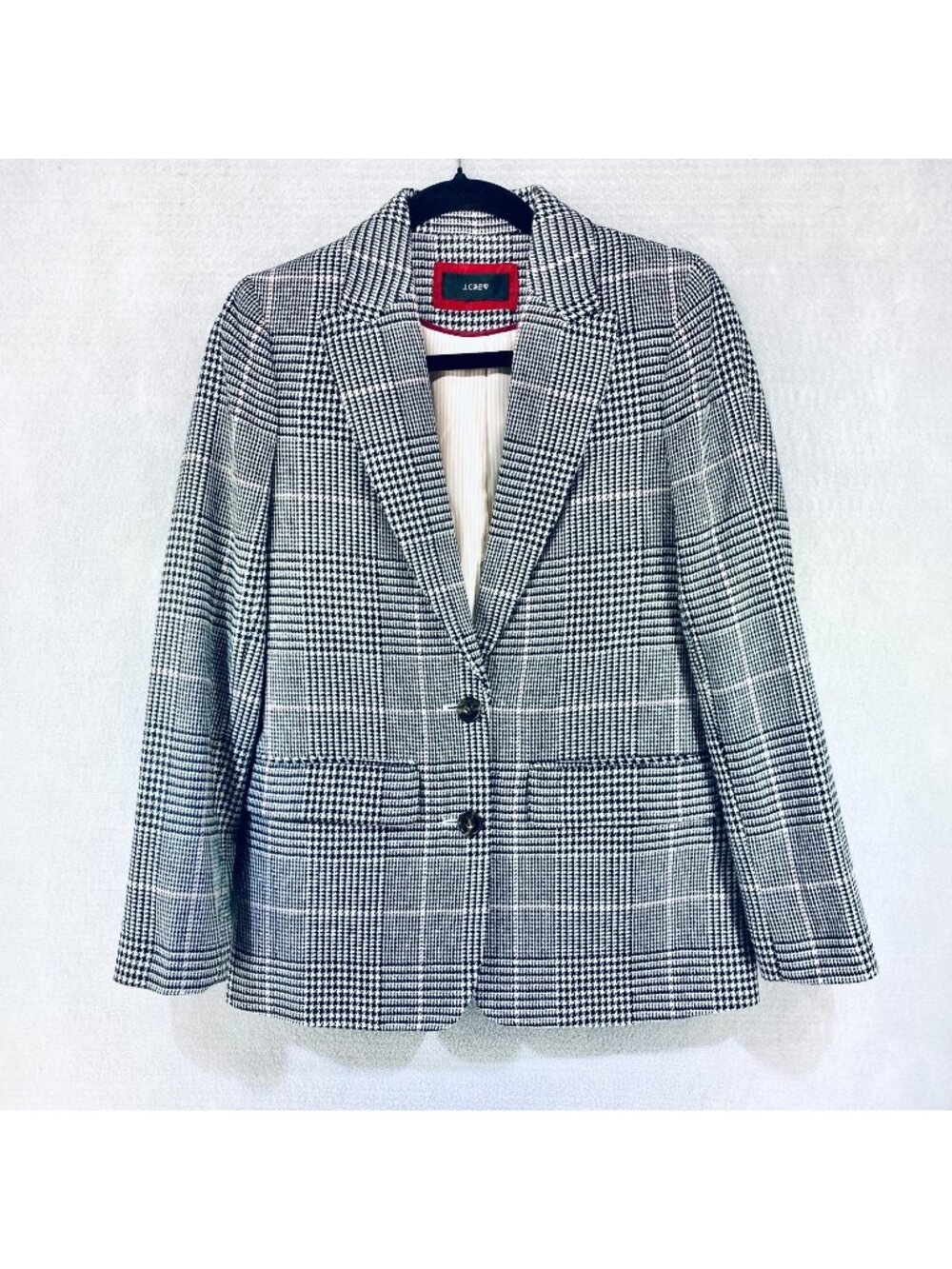 J Crew Blazer Womens M Gray Pink Wool Blend Houndstooth Jacket Academia Preppy
